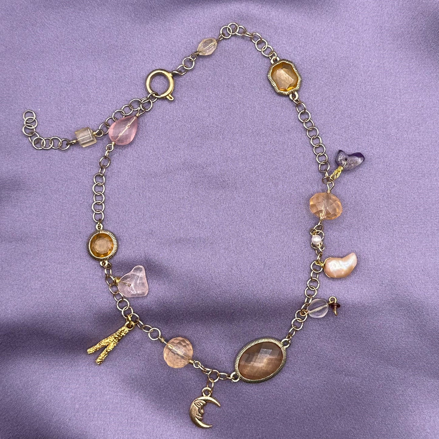 glass bead gold chain moon charm necklace